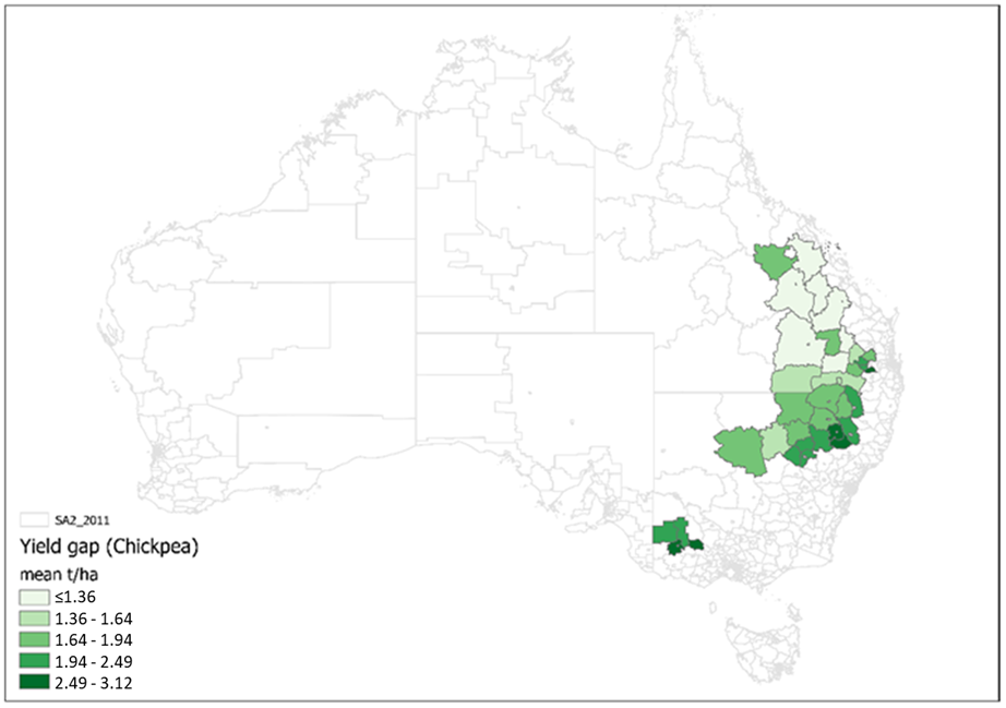 This map of Australia shows the chickpea yield gaps (Yg) per statistical local area (SA2), averaged from 1996 to 2015.