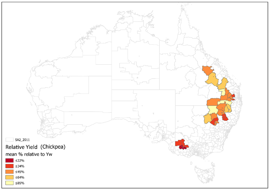 This map of Australia shows the chickpea relative yields (Y%) per statistical local area (SA2), averaged from 1996 to 2015.