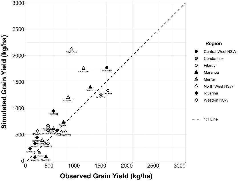 This scatter plot with line of best fit shows the APSIM simulated vs measured yields for on-farm chickpea monitoring sites in 2019.