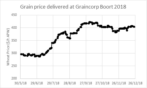 Line graph showing the Australian prime wheat price when delivered at Graincorp Boort during August 2018