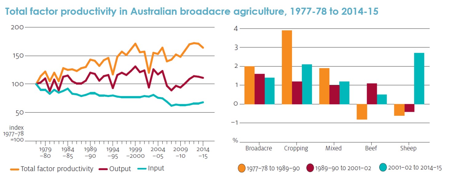 Two graphs showing total factor productivity in Australian broadacre agriculture, 1977-78 to 2014-15. Note: Total (or multi-) factor productivity is the ratio of total production to a measure of inputs (land, labour, capital and materials & services) used in the production process (Source: Charley Xia, Shiji Zhao and Haydn Valle, ‘Productivity in Australia’s broadacre and dairy industries’ in Agriculural Commodities, ABARES, March 2017).