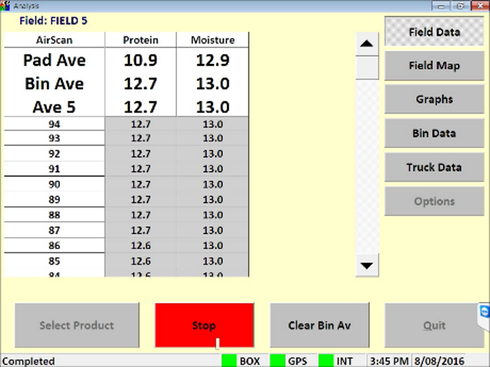 Screenshot of display of protein and moisture in wheat