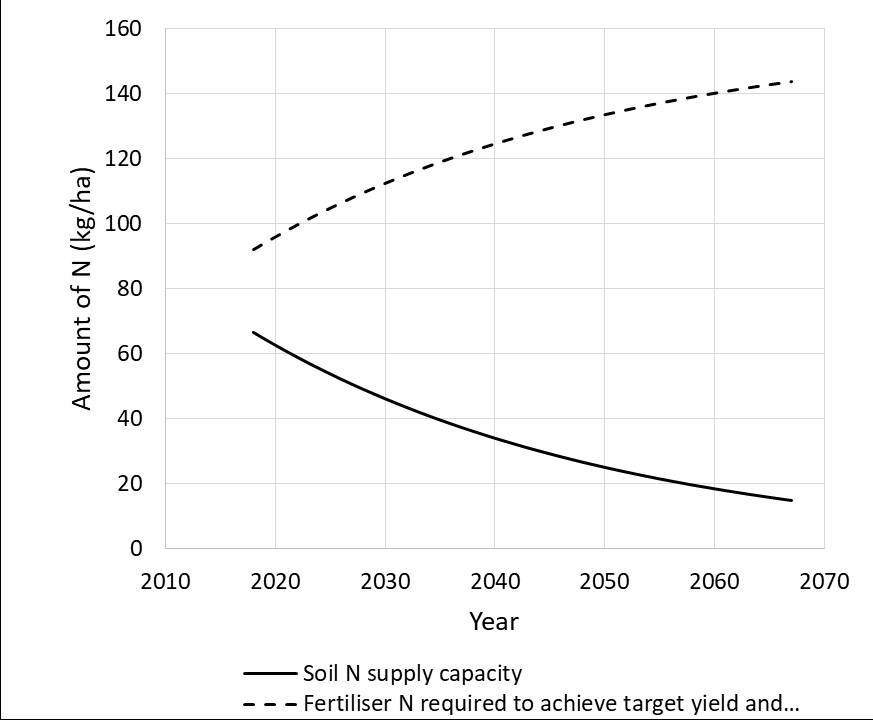 After 10 years, the soil N supply capacity and the fertiliser N requirement would change to 49 and 110kg N/ha respectively.
