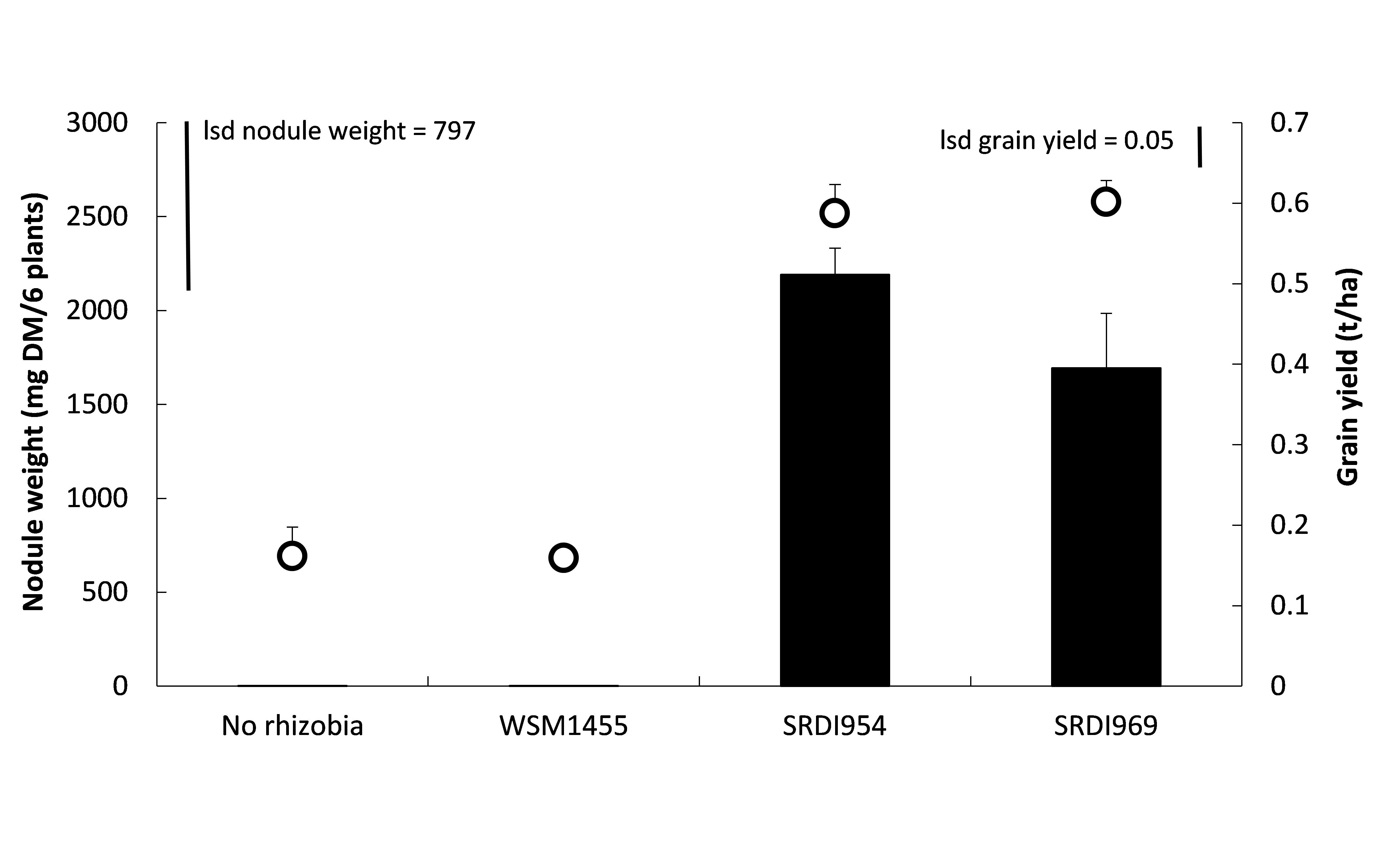 Figure 5. Effect of rhizobia strain on nodule weight (left axis, columns) and grain yield (right axis, circles) of Samira faba bean at Wanilla, Eyre Peninsula SA in 2017. Site pH(Ca) = 4.3, sown into dry soil at standard rates of inoculation on 28 April. Standard error of means shown as bars above columns and circles.