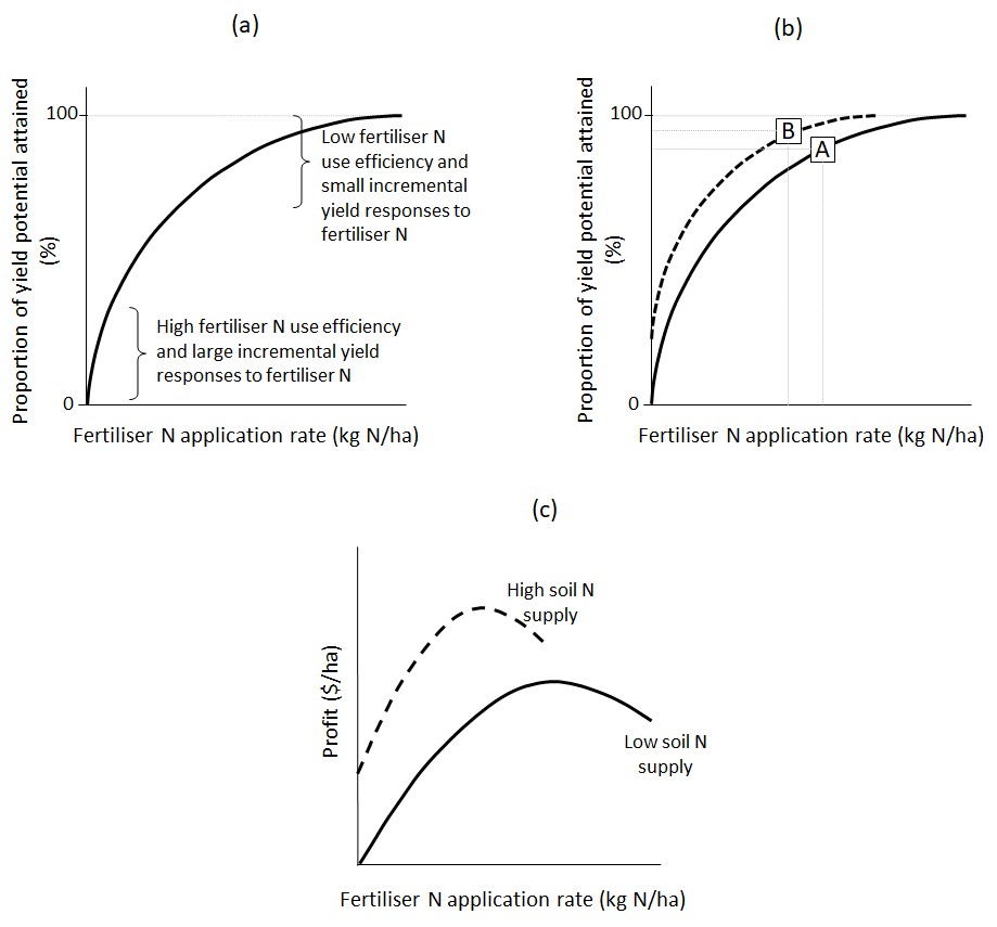 Graph (a)  and (b) map proportion of yield potential attained x Fertiliser N application rate, (c) Profit ($/ha) x Fertiliser N application rate.