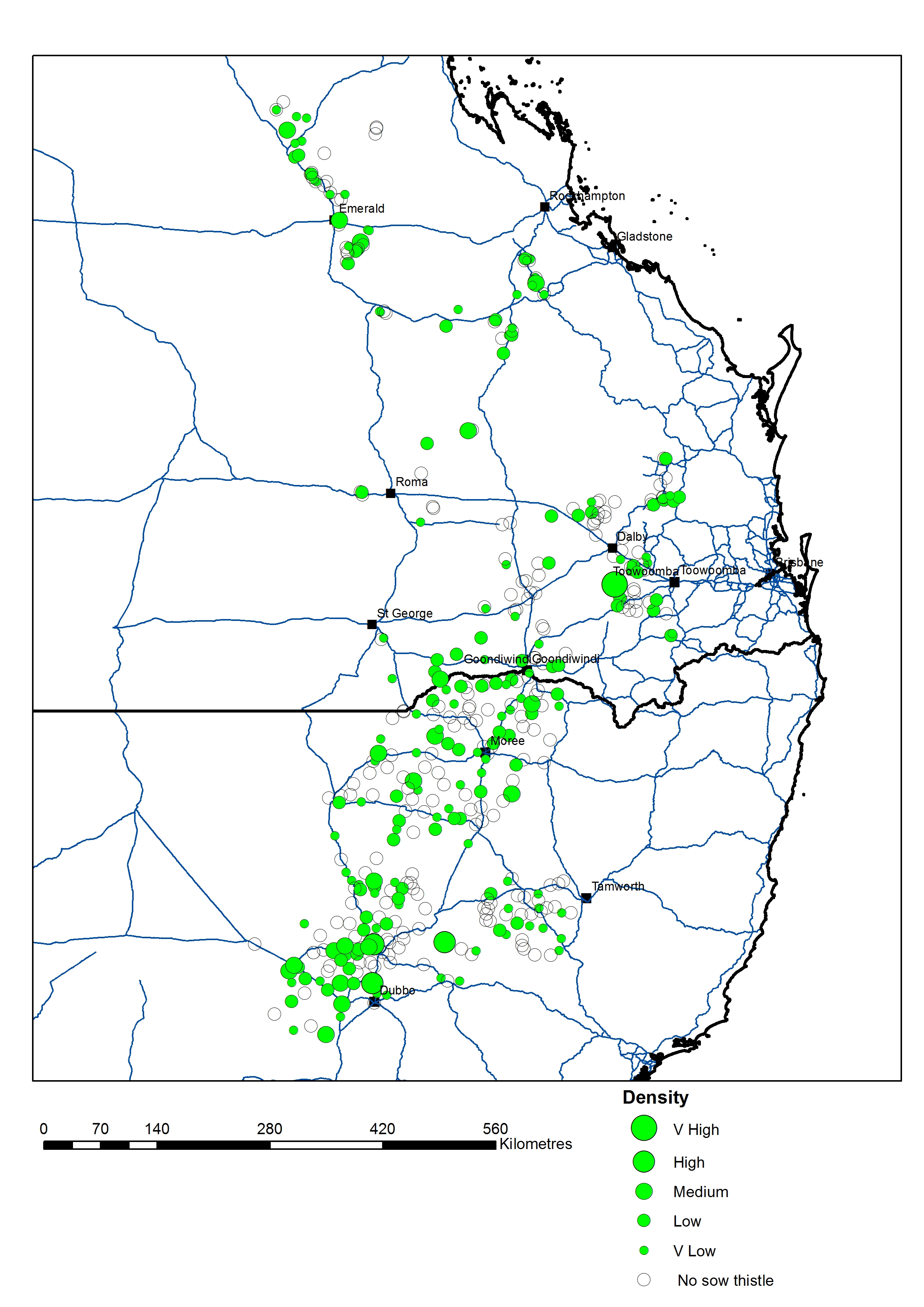 Figure 2 is map of NSW and Qld which shows the collection locations of sow thistle samples and population density.