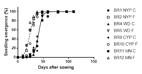 Line graphs indicating differences in germination and seedling emergence pattern between cropped (closed symbols; solid line) and adjacent fence-line (open symbols; broken line) populations of great brome (B. diandrus) collected in 2015 across south-eastern Australia. A similar trend was observed in populations collected in 2016.