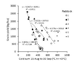 Intra-paddock relationship between wheat yield (kg/ha) and cold load (°C.hr <0°C) for six commercial paddocks in 2018, Murtoa, Victoria. Regression models describing intra-paddock fit between yield and cold load are for paddocks 2, 3, 4 and 5.