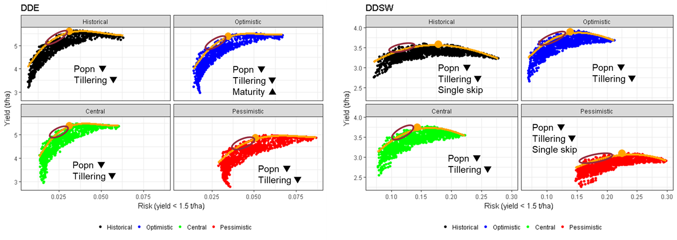 These eight figures show the simulated average yield–risk trade-off for all combinations of genotype (G) and management (M) attributes for the Darling Downs East (DDE) and Darling Downs Southwest (DDSW) subregions for the four climate scenarios used: historical (black), optimistic (blue), central (green), and pessimistic (red). The solid line indicates the technology frontier of superior G×M combinations. The filled circle indicates the position of the optimal G with standard M (broad adaptation combination). The ellipse indicates potentially superior combinations of G×M associated with the indicated directional shifts in factors relative to the broad adaptation case. Note that scales differ for the two subregions, as the risk is generally low for the higher-yielding subregion (DDE)