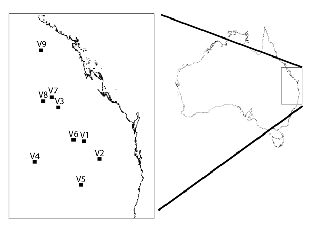 Locations of Soil sampling site locations V1: basaltic vertosol from Jimbour; V2: basaltic vertosol from Felton; V3: basaltic/alluvial vertosol from Rolleston; V4: alluvial vertosol from St George; V5: alluvial vertosol from Biniguy; V6: basaltic/alluvial vertosol from Hopeland; V7: basaltic vertosol from Comet River; V8: basaltic vertosol from Gindie: V9: basaltic vertosol from Kilcummin.
