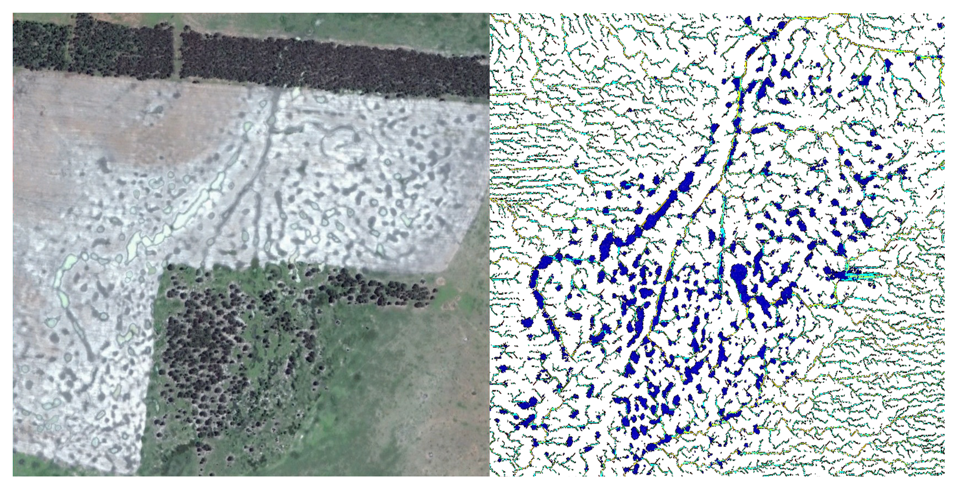 Screen shot showing Google Earth™ image of a field near Condamine, Queensland gilgai showing superimposed lines representing after rainfall and the corresponding surface water flow model for the same area.