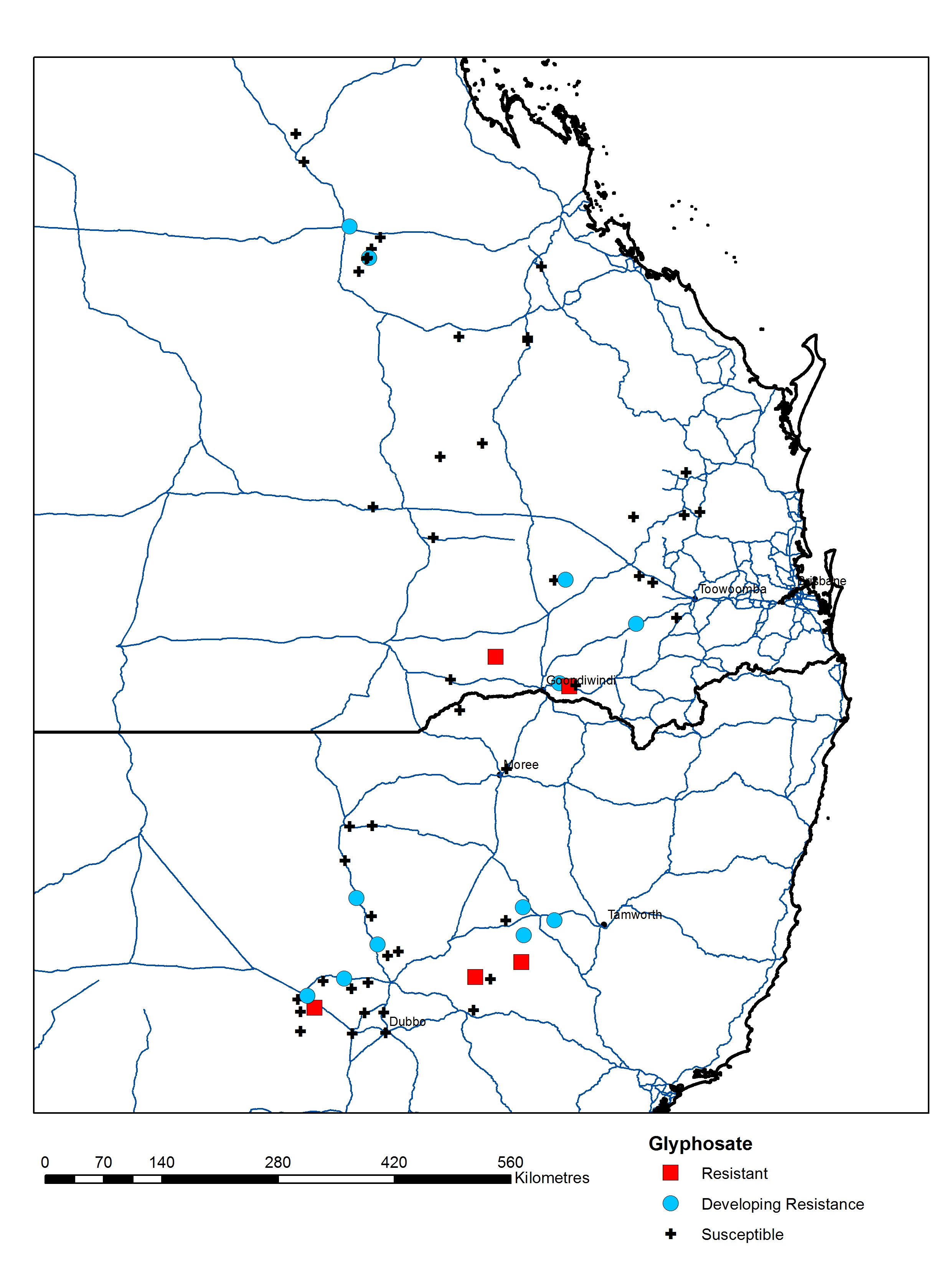 Figure 3 is a map of NSW and Qld showing the location of glyphosate susceptible and resistant sow thistle populations.