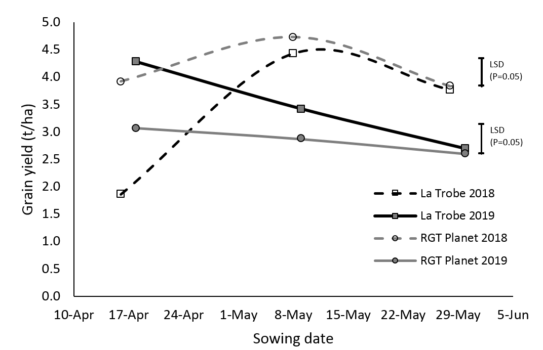 This line graph compares the grain yield responses to sowing date for RGT Planet  and La Trobe   at Wagga Wagga (2018) and Marrar (2019).