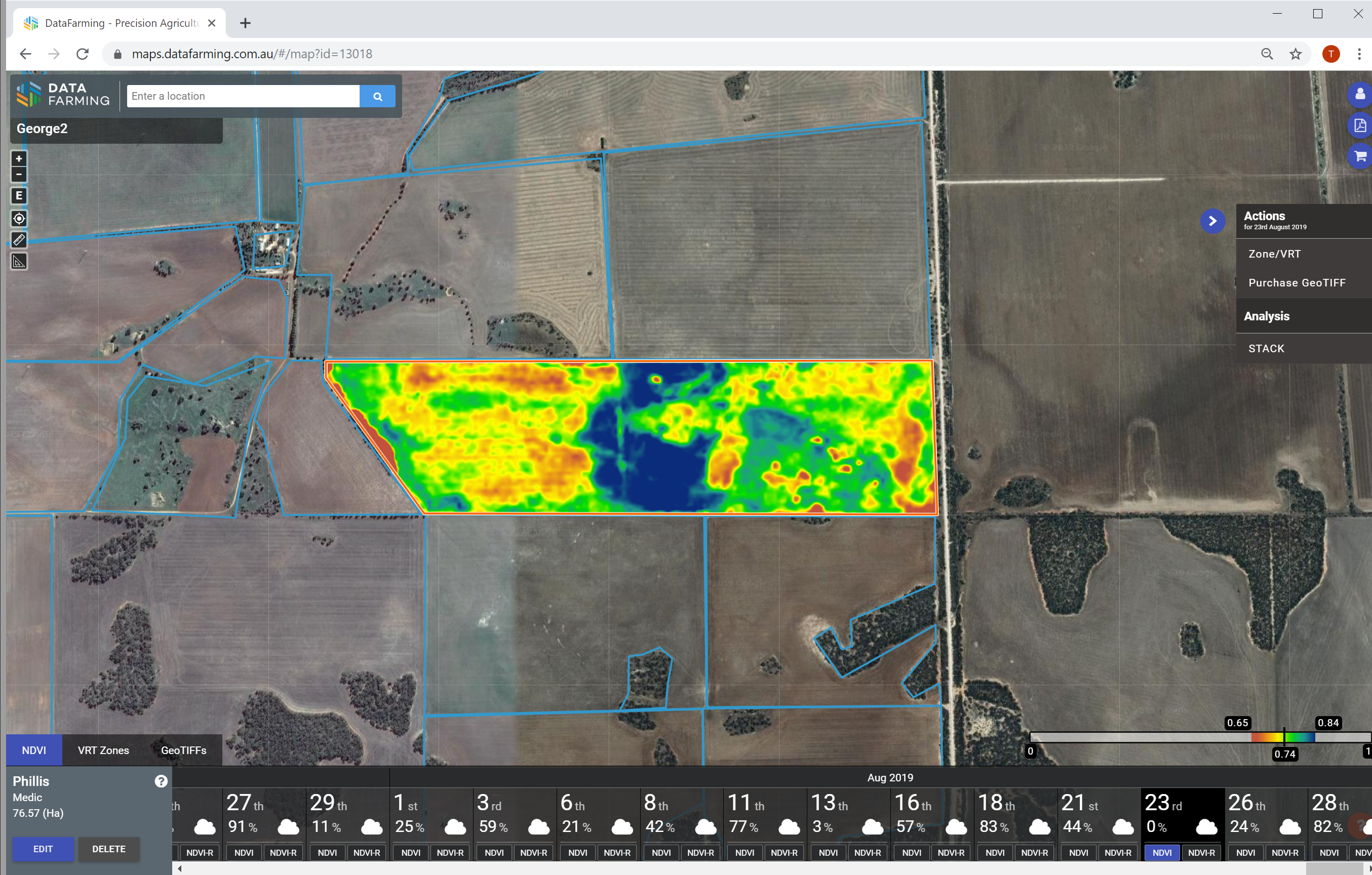 This screenshot is an example from the DataFarming platform – where the blue areas (centre) of the paddock are high growth, and the areas in red (right and left) are poorer growth.