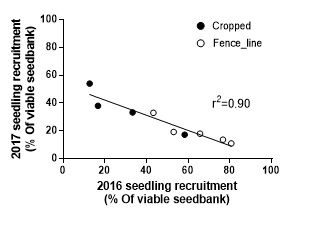 Line graph indicating seedling recruitment (2016 and 2017) of cropped & fence-line populations of barley grass from seedling trays carried-over from 2016.