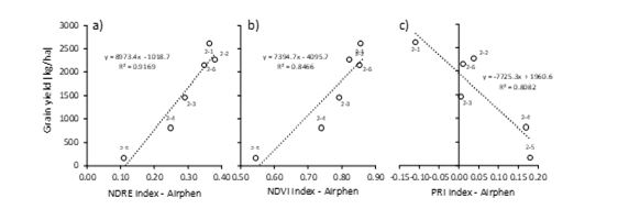 Relationship between wheat yield and Airphen derived indices for a paddock monitored near Murtoa, Victoria in 2018. Indices include normalised difference vegetation index, in the first graph, normalised difference red edge, in the second graph and photochemical response index derived from an Airphen multispectral camera, in the third graph. 