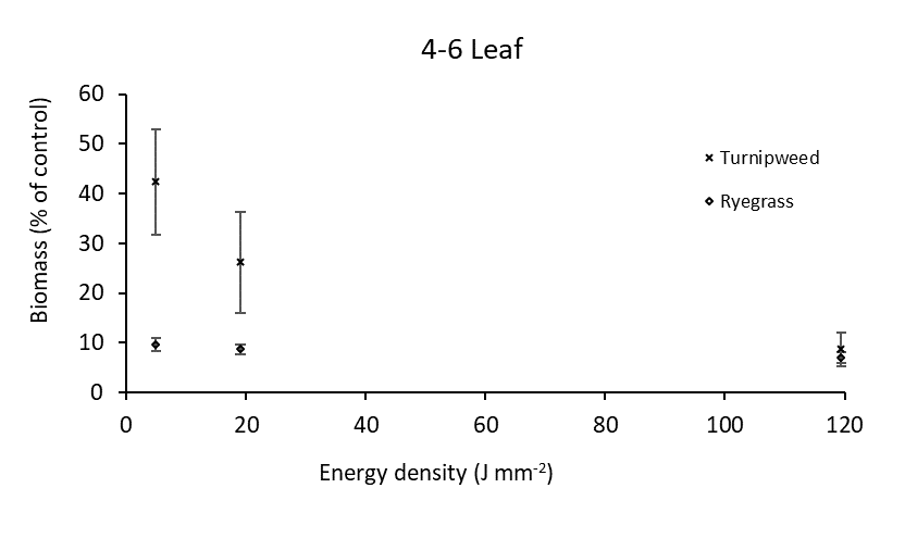 This scatter graph with error bars compares the impact of energy density (spot size) on plant growth behaviour as a percentage of the biomass of the control. Weeds were treated for 15 seconds using the 25W, 1064 nm diode laser.
