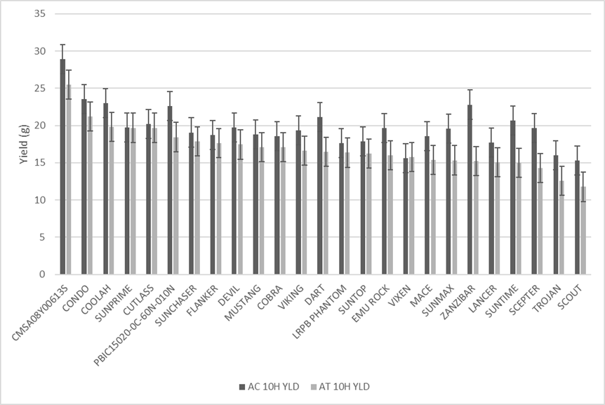 This column graph shows the yield LSD ≤0.05 =3.98 (AC 10H YLD - Anthesis control 10 head yield, AT 10H YLD – Anthesis treatment 10 head yield) and kernel weight of Australian cultivars under elevated day temperatures treatment and associated control at anthesis, Narrabri 2020. 
