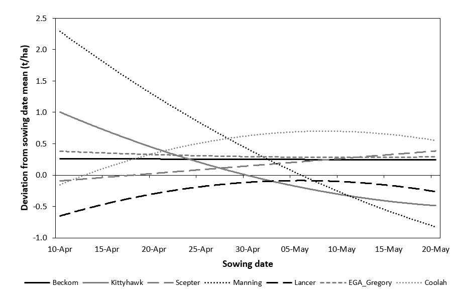 Figure 6. Genotype by sowing date response in 2017 for selected genotypes. Response is presented as deviation from sowing date mean across three sowing dates (SD) at Cudal. Sowing date mean: SD 1 (20 April) 3.18t/ha; SD 2 (5 May) 4.91t/ha; SD 3 (18 May) 4.31t/ha.
