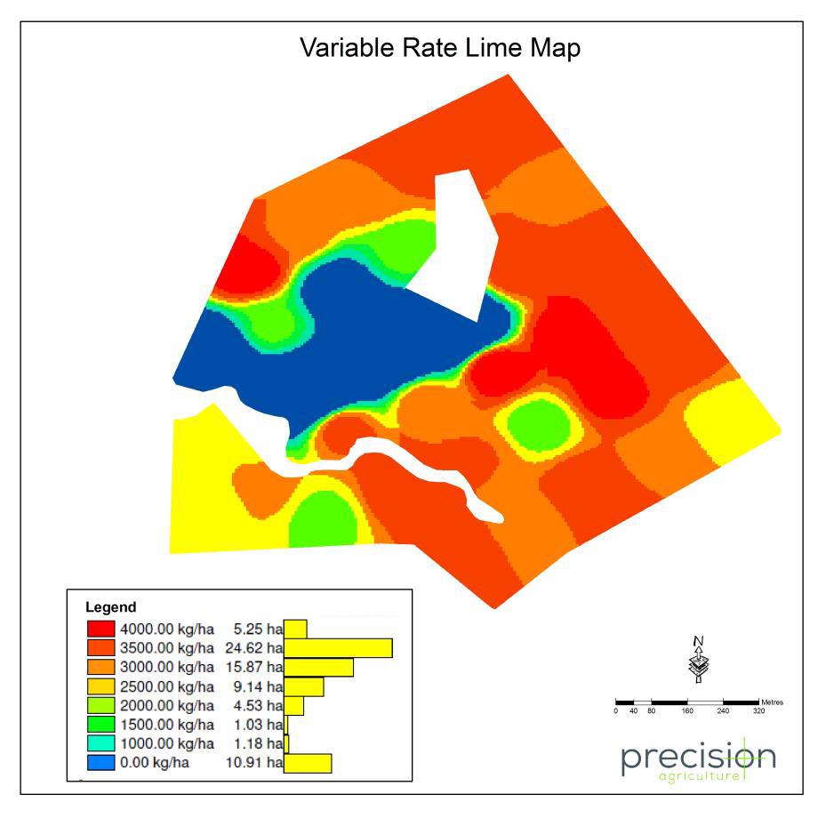 Precision Agriculture maps comparing the results from 2ha grid soil mapping of 80ha paddock near Rokewood. Colwell P (left), variable rate lime prescription map (middle) and Colwell K (right).