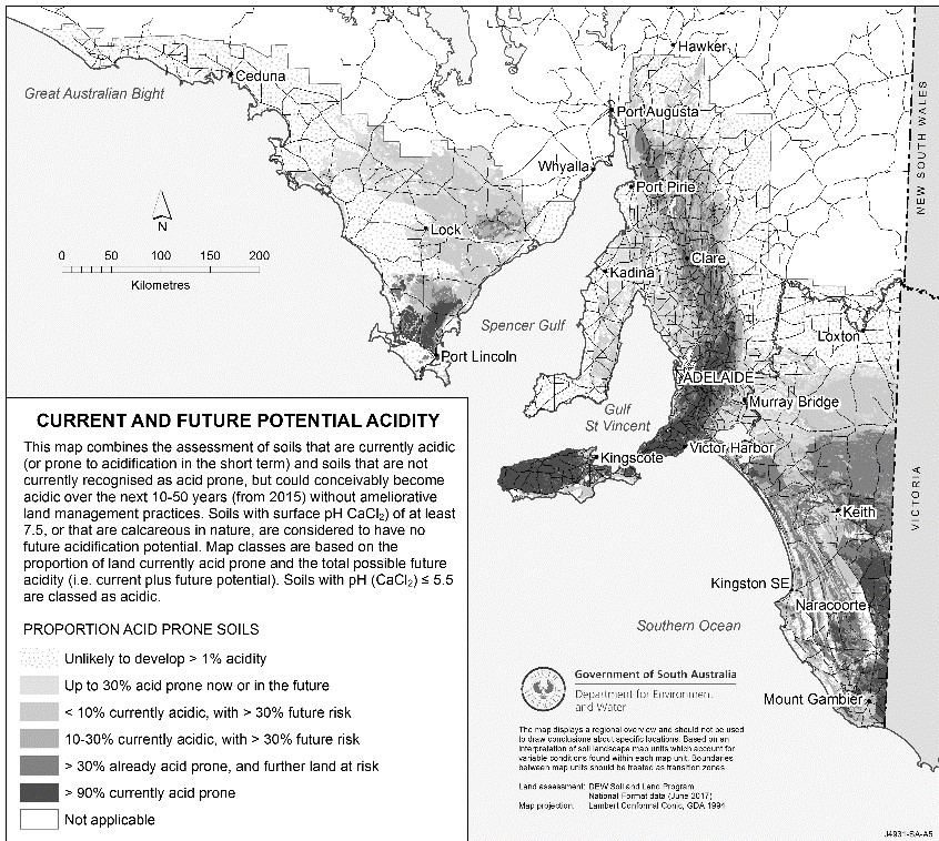 Figure 1. Areas of South Australia with current and future acidification potential (Source: DEW, 2018)
