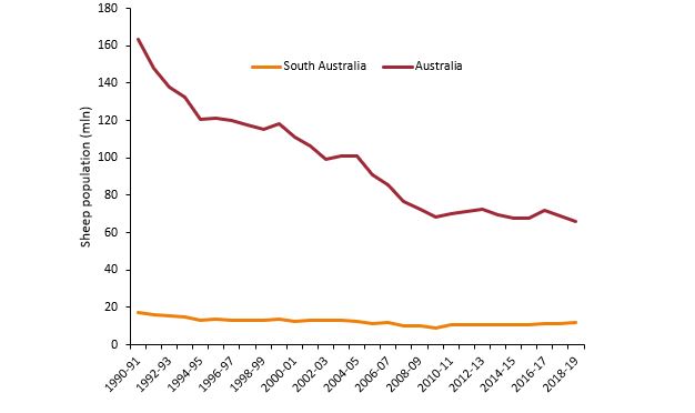 Graph showing sheep population in Australia and SA since 1990. Although the increased demand for feed grains in eastern Australia may encourage more SA grain producers to alter their crop mix towards more feed grain production, it is unlikely that most farmers will additionally allocate more land to cropping rather than sheep production. Despite the sizeable reduction in the national sheep population, SA farmers have maintained their investment in sheep.