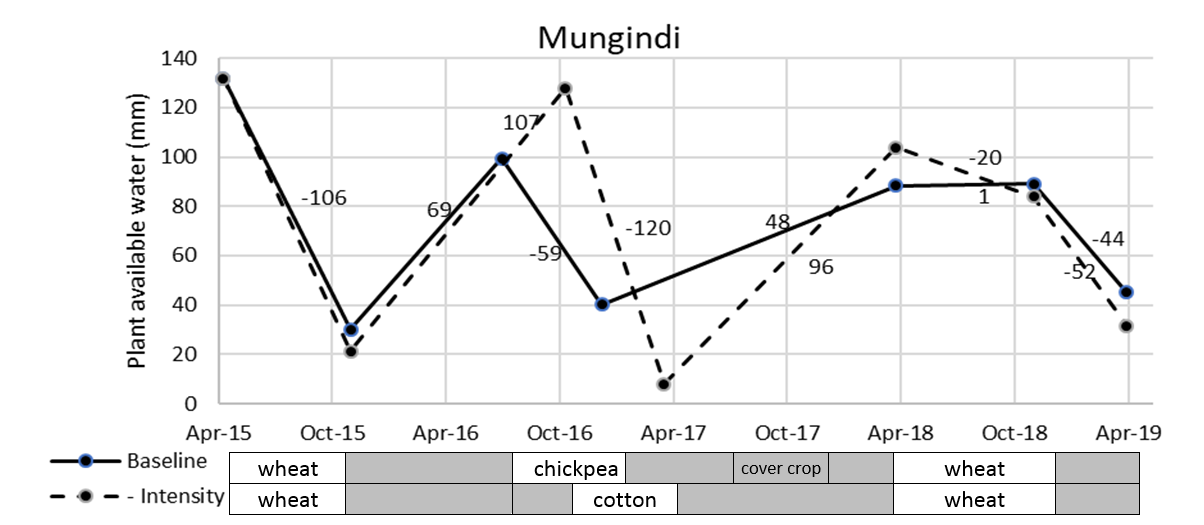This line graph shows the PAW dynamics of two of the Mungindi cropping systems. Numbers show the net change between the two soil water readings.