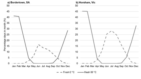 Two line graphs showing the comparison of the risk profile of frost and high temperatures. The left hand side is for Bordertown and the right hand side is for Horsham.