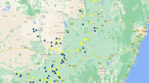 This map shows the distribution of pulse and canola paddocks assessed as part of the 2020 IDM crop survey.  45 pulse crops (blue triangles) and 30 canola crops (yellow triangles) were sampled for the presence of foliar and root disease.