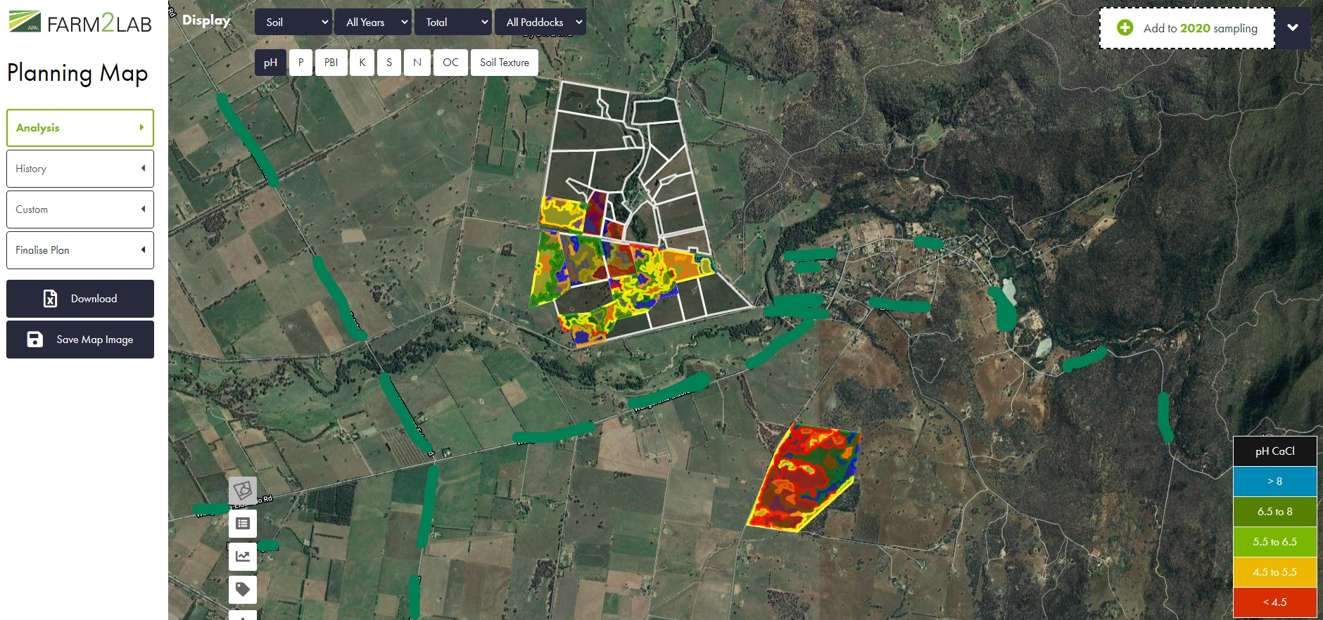This figure is a screenshot of zone maps in the Farm2Lab app, ready for soil sampling