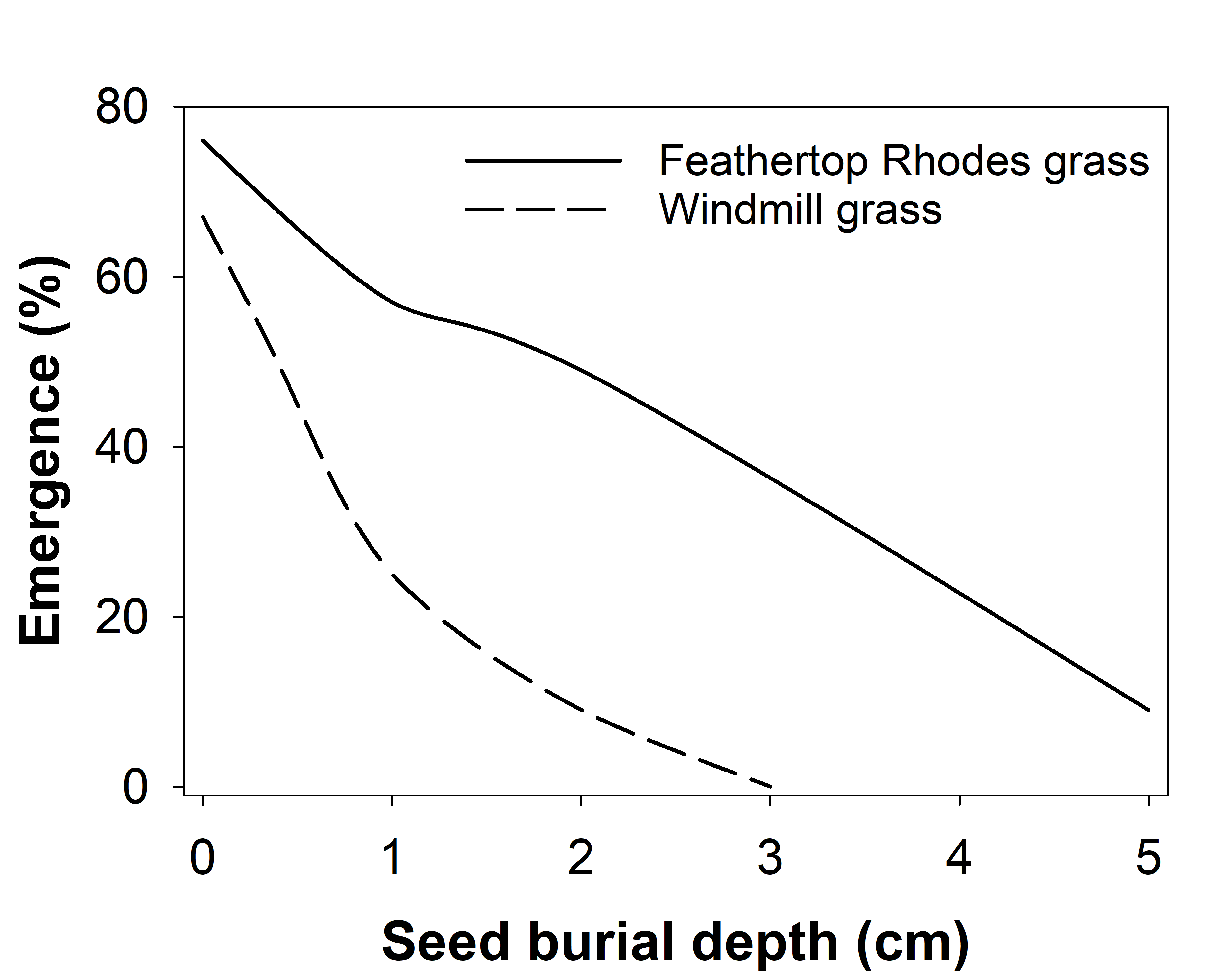 This line graph shows the effect of seed burial depth (cm) on seedling emergence of feathertop Rhodes grass  (Ngo et al. 2017) and windmill grass (Chauhan et al. 2018)