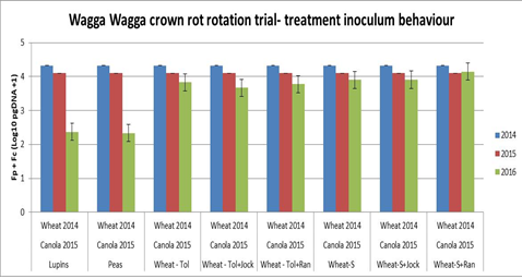 Log risk levels: Below detectable limits= <0.6, low= 0.6–<2.0, medium= 2.0–<2.5 and high= ≥ 2.5 for bread wheats in southern NSW.  Seed treatments: Rancona® Dimension (Ran) and Jockey® Stayer® (Jock).
