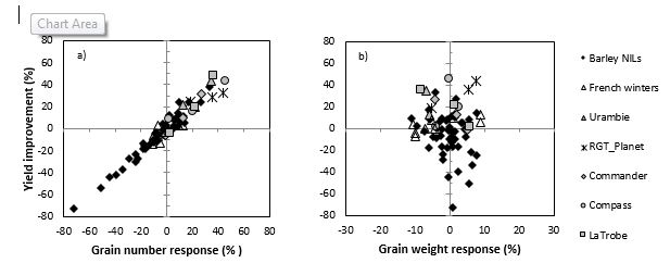 Results from the 2017 field experiments indicated that relative to the site mean, grain yield was predominately driven by increased grain number responses in most varieties. However, there was varied influence of grain weight on yield improvement among genotypes for the three sowing dates. 