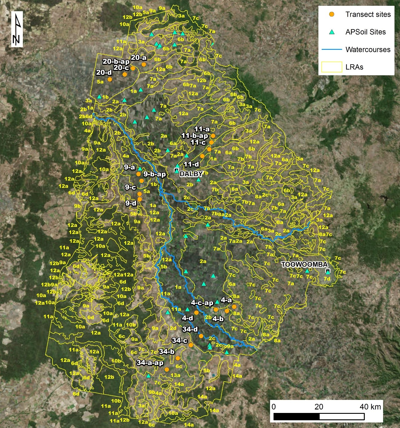 This photo shows the survey transects and sampling points (orange dots) overlaid on LRA mapping