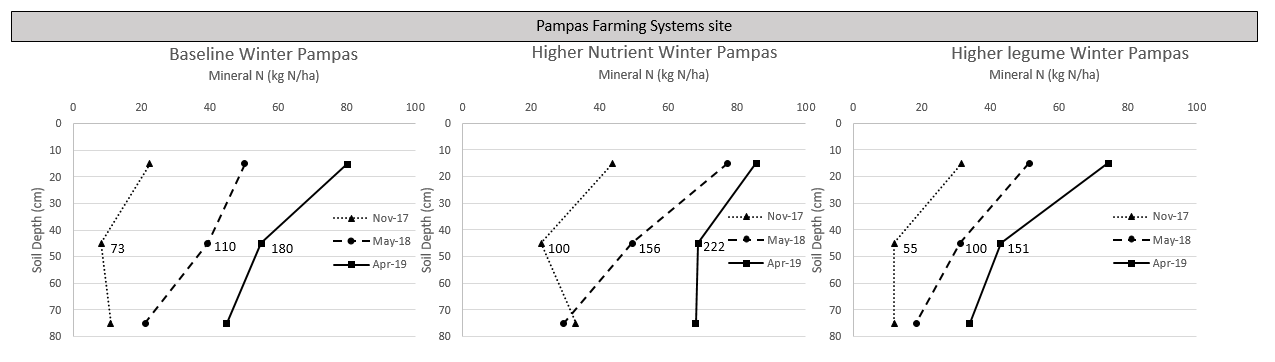 These figures illustrate the distribution of mineral N placement within the soil profile over a long fallow period at Narrabri and Pampas.