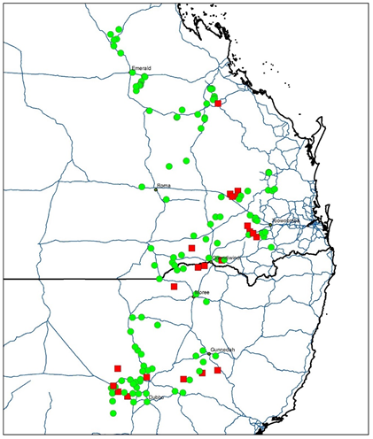 This is a map of glyphosate resistant and susceptible sowthistle populations across the northern grain cropping region. Red squares represent resistant populations while green circles represent susceptible populations.