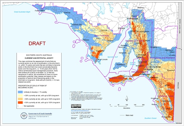 Map of South Australia showing the proportion of soils at risk of becoming acidic, including those that are currently acidic.