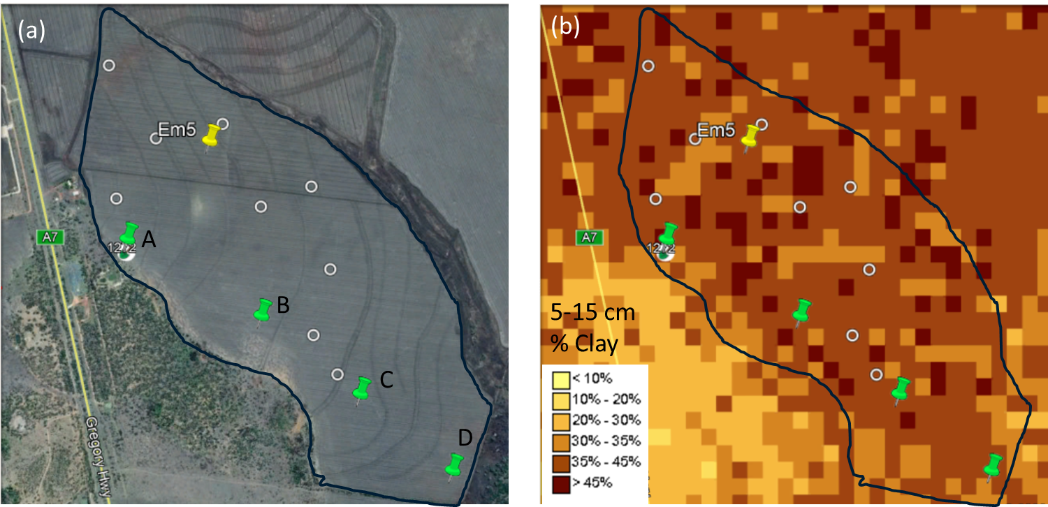 These two satellite images with overlay shows (a) Locations within the paddock with soil profile information available in Queensland Globe (circles) and CSIRO transect sampling (green pins); (b) Predicted % clay for the 5-15 cm layer from the Soil and Landscape Grid of Australia.
