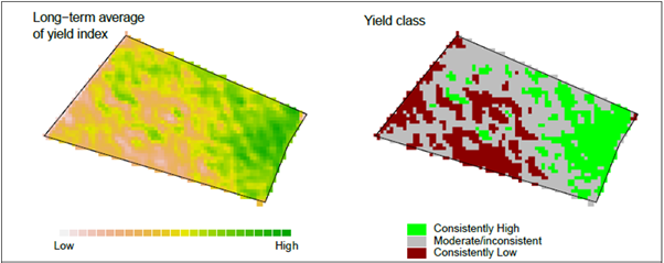 This figure is of two maps summarising the multi-year analysis of remote-sensing data at Sunbury.