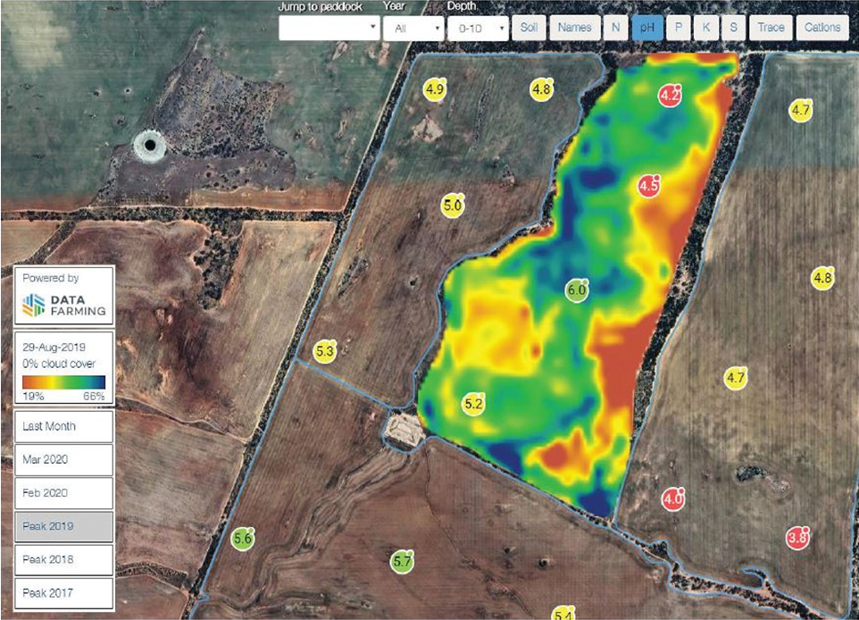 This image is of soil test levels overlaying the NDVI imagery in the Summit fertiliser app