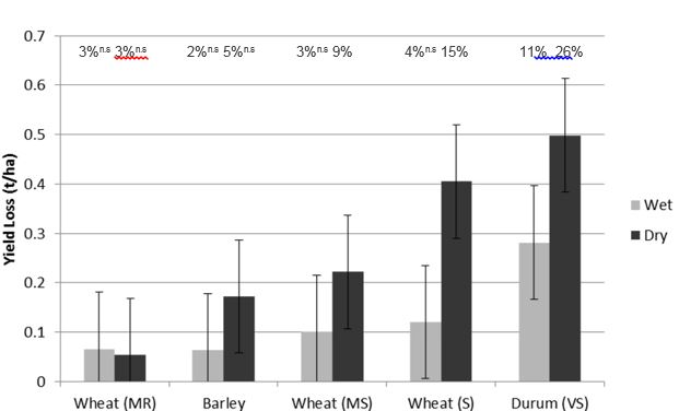 Figure 4. Yield loss in cereals based on an analysis of 43 field experiments conducted in Victoria and South Australia in 1998 to 2015. Percentage yield loss detailed above each column. Wet and dry seasons were defined as above or below average September/October rainfall, respectively. n.s. = yield response was not significant.