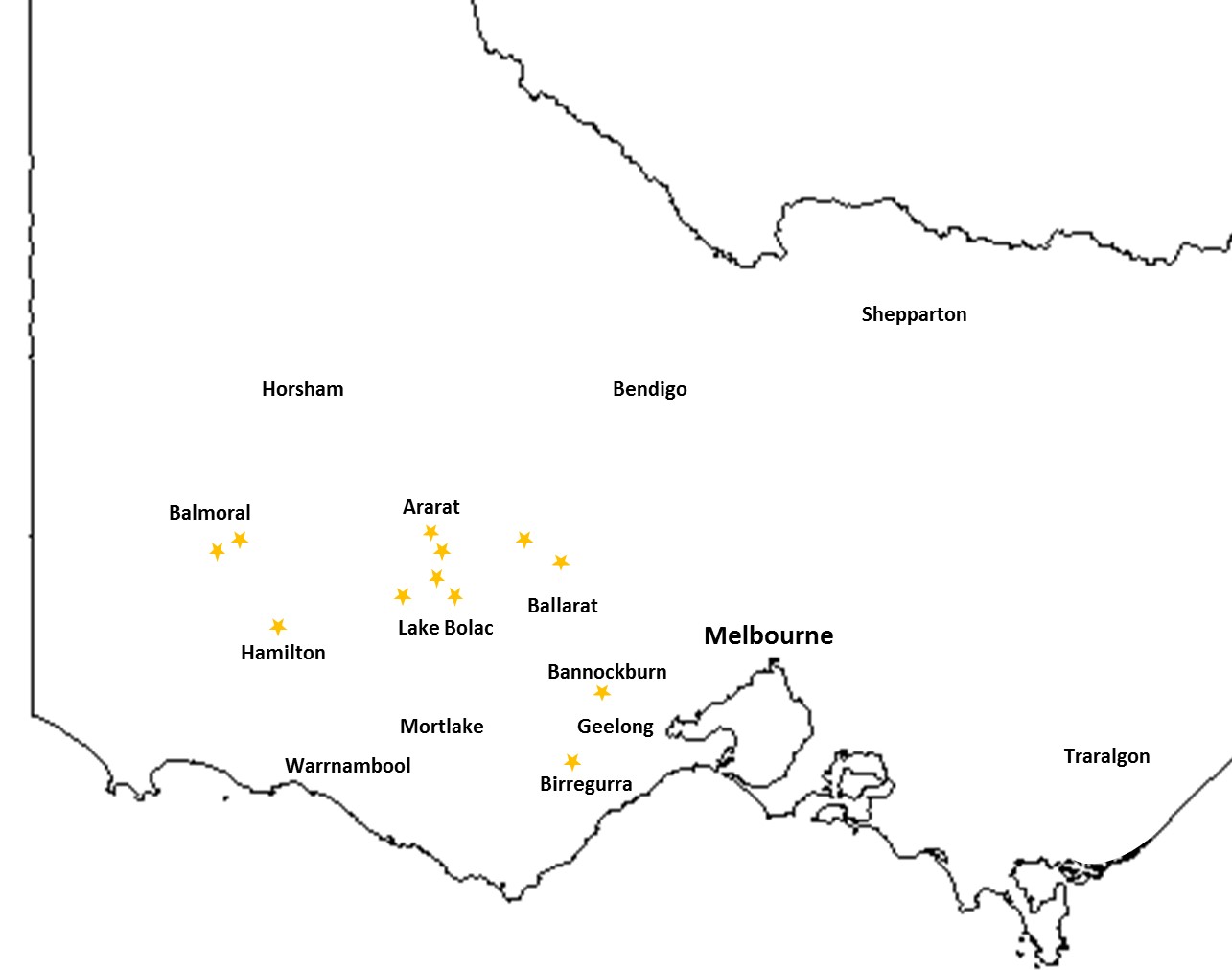 Map showing the location of 12 paddocks of dual-purpose winter canola sown in spring 2015 and surveyed for canola viruses in the autumn of 2016, across south-eastern Victoria.