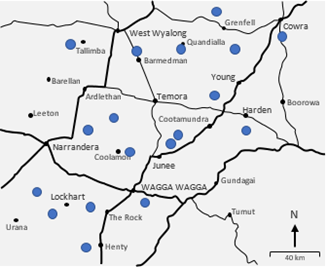 This map shows the location of the 18 grower participants and 42 paddocks included in the survey.