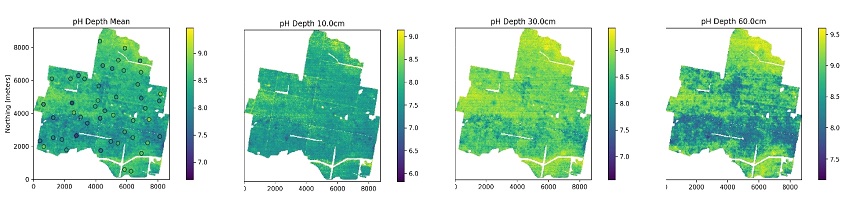 Figure 7. Predicted pH across the farm using BNN plus GP. Profile average pH and pH at three different depths down the profile are shown. 