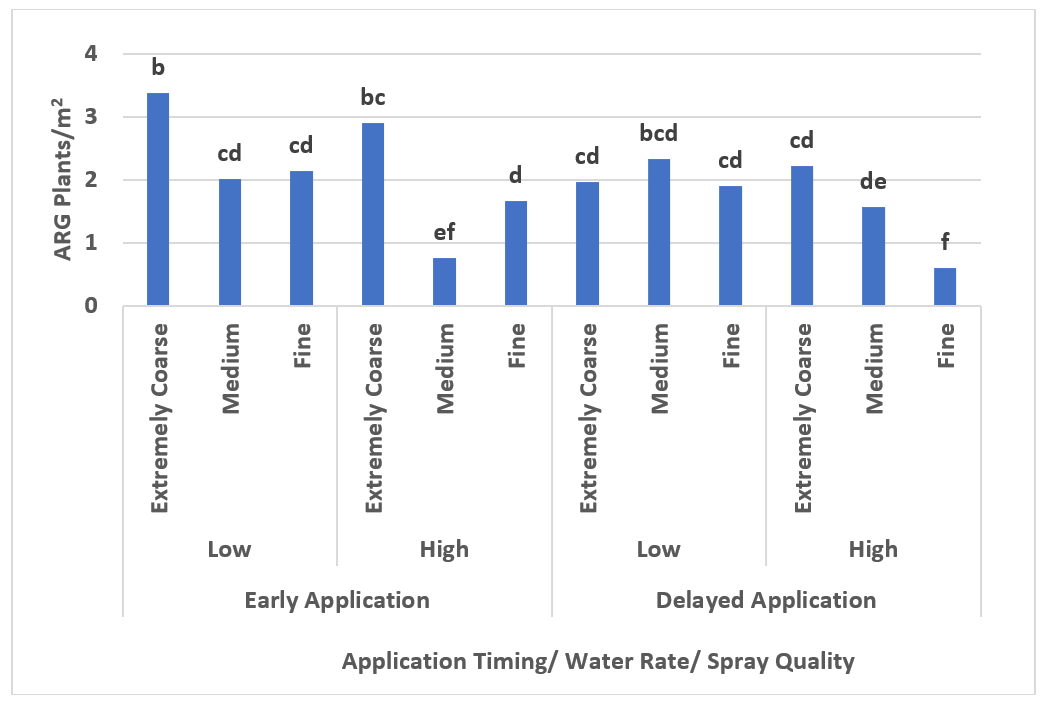 Surviving ARG numbers (29 DAA) in response to time of application, water rate and spray quality near Peak Hill 2021