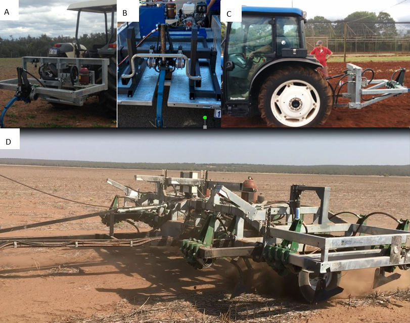This shows photos of initial proof-of-concept rig (Shenton Park) (A), Narrabri trailer mounted self-powered rig (B) and QDAF 3-point-linkage rig (C) and Pre-commercial rig – the ‘Weed Chipper’ (D) used in the testing and validation of targeted tillage fallow weed control.