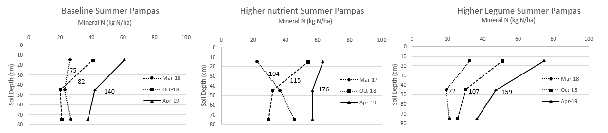 These three line graphs illustrate the distribution of mineral N placement within the soil profile over a long fallow period at Pampas for baseline summer, higher nutrient summer and higher legume summer treatments.