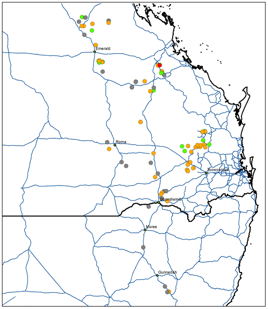 This is a map of glyphosate resistant and susceptible feathertop Rhodes grass populations across the northern grain cropping region. A red circle represents a glyphosate and haloxyfop resistant population, yellow circles represent glyphosate resistant populations that are susceptible to haloxyfop, green circles represent populations susceptible to all herbicides tested, and grey circles represent populations that were not viable.