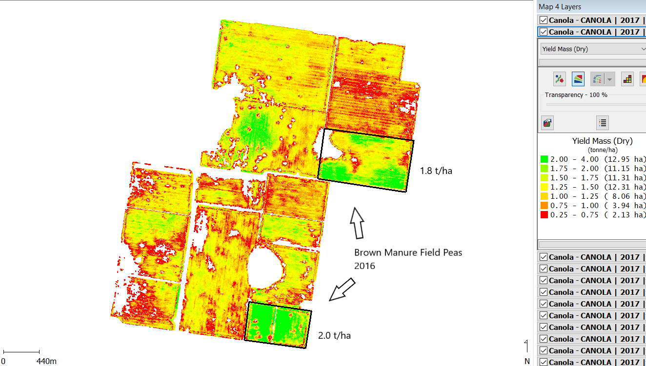 Heat map of yield of paddocks highlighting difference in yield between brown manure fields and rest of the property.