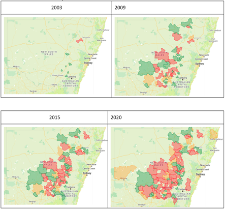 These four coloured maps of NSW show the occurrence of glyphosate resistance in annual ryegrass in NSW in 2003, 2009, 2015 and 2020. Dark green shading = postcode regions where testing has not detected glyphosate resistance in ryegrass, orange shading = postcodes where glyphosate resistance is developing and red shading = postcodes where resistance has been detected.